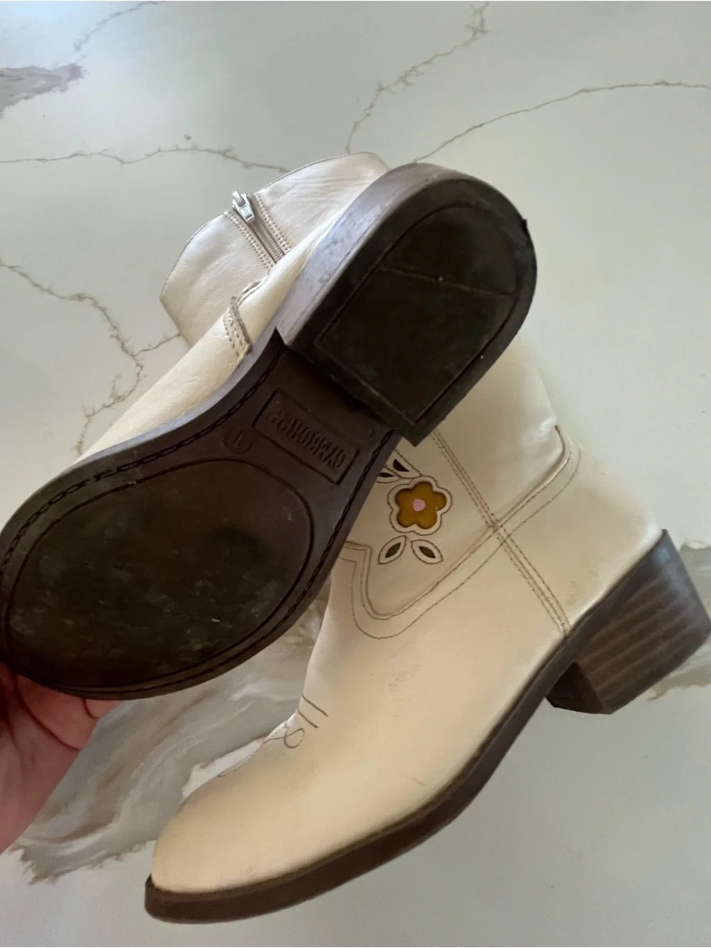 Gymboree Cream Kids Western Boots with Pink, Blue & Yellow Flower Appliqués